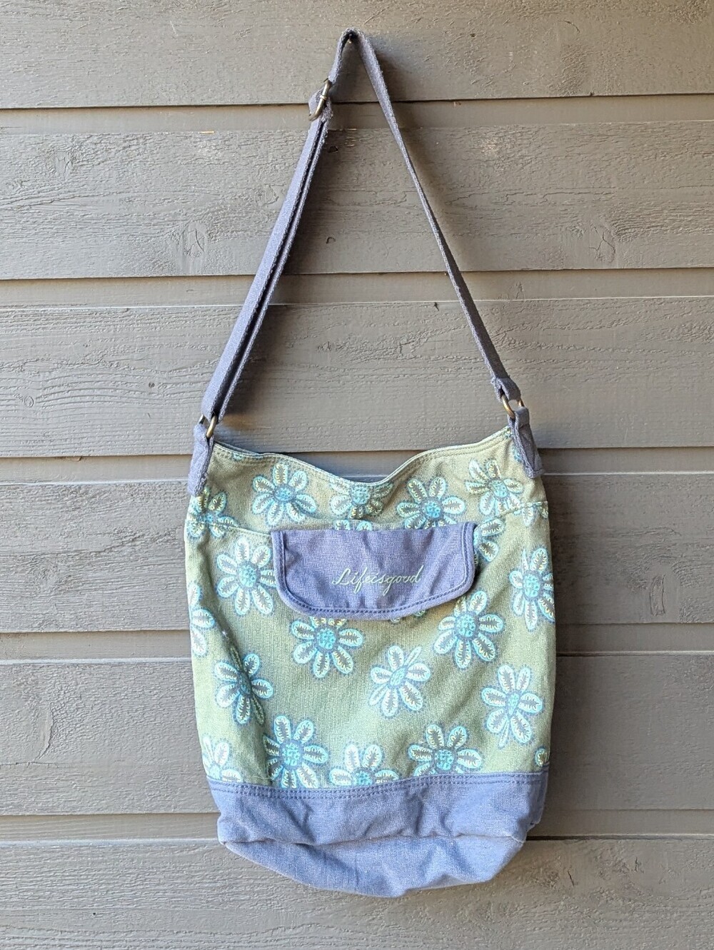 Vintage Y2K Life is Good 100% Cotton Canvas Bucket Satchel Bag Green Blue Floral